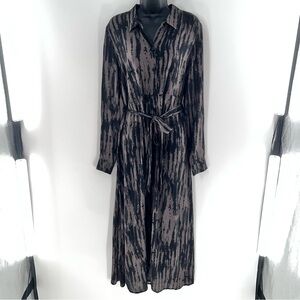 Ripe Black and Grayish-Brown Long Sleeve Button Front Belted Dress-Size L
